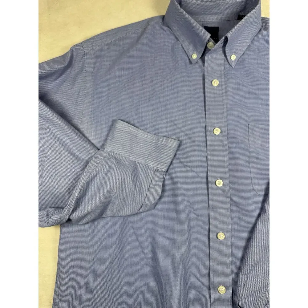 Dunning Mens L Blue Micro Check Button Down Shirt Long Sleeve Golf Performance